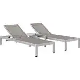 Shore Outdoor Patio 2 Chaise & Table Set in Brushed Aluminum & Gray Mesh