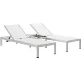 Shore Outdoor Patio 2 Chaise & Table Set in Brushed Aluminum & White Mesh