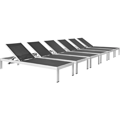 Shore Outdoor Patio Chaise in Brushed Aluminum & Black Mesh (Set of 6)