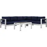 Shore 5 Piece Outdoor Patio Aluminum Sectional Sofa Set w/ Navy Cushions