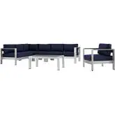 Shore 6 Piece Outdoor Patio Aluminum Sectional Sofa Set w/ Navy Cushions