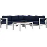 Shore 4 Piece Outdoor Patio Aluminum Sectional Sofa Set w/ Navy Cushions