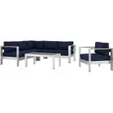 Shore 5 Piece Outdoor Patio Aluminum Sectional Sofa Set w/ Navy Cushions