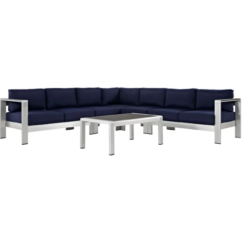 Shore 6 Piece Outdoor Patio Aluminum Sectional Sofa Set w/ Navy Cushions