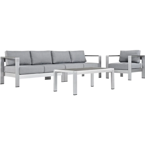 Shore 4 Piece Outdoor Patio Aluminum Sofa & Arm Chair Set w/ Gray Cushions