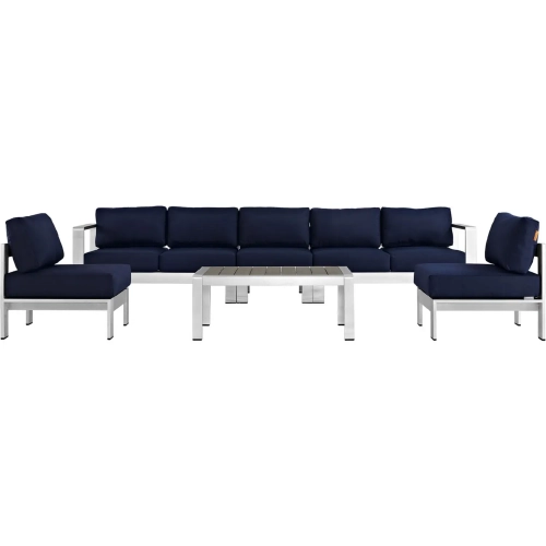 Shore 6 Piece Outdoor Patio Aluminum Sofa Set w/ Navy Cushions