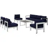 Shore 7 Piece Outdoor Patio Aluminum Sofa Set w/ Navy Cushions