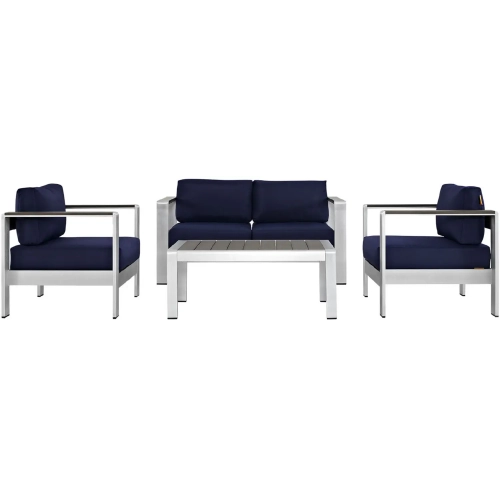 Shore 4 Piece Outdoor Patio Aluminum Loveseat & Arm Chairs Set w/ Navy Cushions