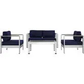 Shore 4 Piece Outdoor Patio Aluminum Loveseat & Arm Chairs Set w/ Navy Cushions