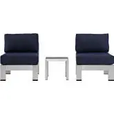 Shore 3 Piece Outdoor Patio Aluminum Chair & Side Table Set w/ Navy Cushions