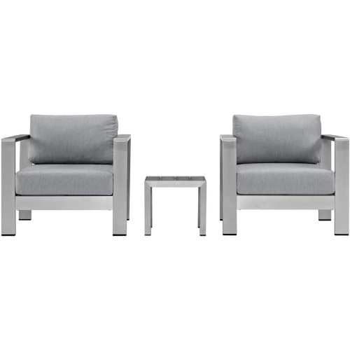 Shore 3 Piece Outdoor Patio Aluminum Arm Chair & Side Table Set w/ Gray Cushions