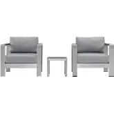 Shore 3 Piece Outdoor Patio Aluminum Arm Chair & Side Table Set w/ Gray Cushions