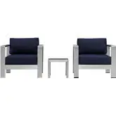 Shore 3 Piece Outdoor Patio Aluminum Arm Chair & Side Table Set w/ Navy Cushions