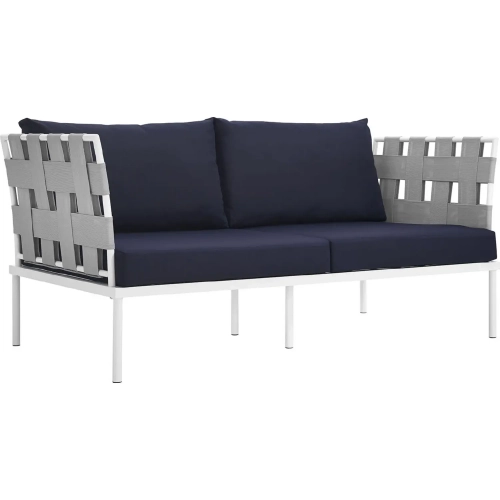 Harmony Outdoor Sectional Sofa Unit Loveseat in White Metal & Navy Blue