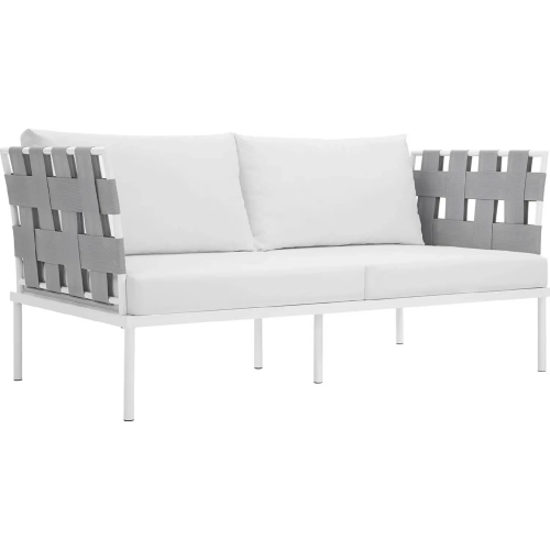 Harmony Outdoor Sectional Sofa Unit Loveseat in White Metal & White Canvas