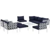 Harmony 10 Piece Outdoor Sectional Sofa Set in White w/ Navy Blue Fabric