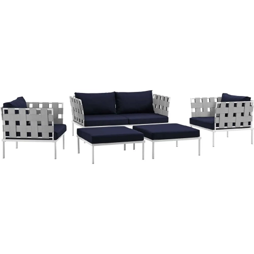 Harmony 5 Piece Outdoor Loveseat Set in White w/ Navy Blue Fabric