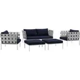 Harmony 5 Piece Outdoor Loveseat Set in White w/ Navy Blue Fabric