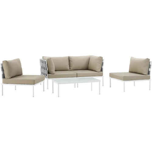 Harmony 5 Piece Outdoor Sectional Sofa Set in White w/ Beige Fabric