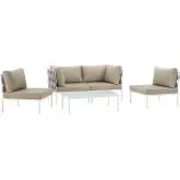 Harmony 5 Piece Outdoor Sectional Sofa Set in White w/ Beige Fabric