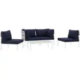 Harmony 5 Piece Outdoor Sectional Sofa Set in White w/ Navy Blue Fabric