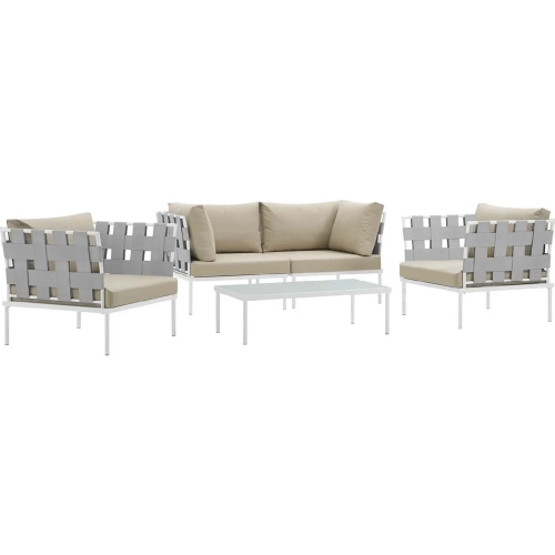 Harmony 5 Piece Outdoor Sectional Sofa Set in White w/ Beige Fabric