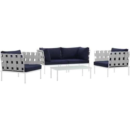 Harmony 5 Piece Outdoor Sectional Sofa Set in White w/ Navy Blue Fabric