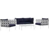 Harmony 5 Piece Outdoor Sectional Sofa Set in White w/ Navy Blue Fabric