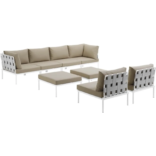 Harmony 8 Piece Outdoor Sectional Sofa Set in White w/ Beige Fabric