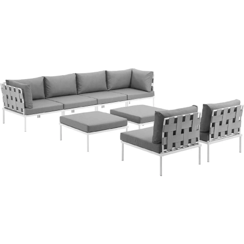 Harmony 8 Piece Outdoor Sectional Sofa Set in White w/ Gray Fabric