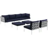 Harmony 8 Piece Outdoor Sectional Sofa Set in White w/ Navy Blue Fabric