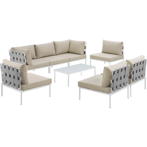 Harmony 8 Piece Outdoor Sectional Sofa Set in White w/ Beige Fabric