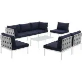 Harmony 8 Piece Outdoor Sectional Sofa Set in White w/ Navy Blue Fabric