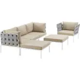 Harmony 6 Piece Outdoor Sectional Sofa Set in White w/ Beige Fabric