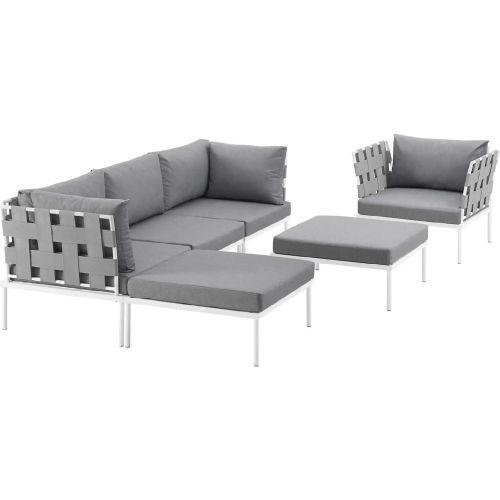 Harmony 6 Piece Outdoor Sectional Sofa Set in White w/ Gray Fabric