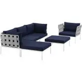 Harmony 6 Piece Outdoor Sectional Sofa Set in White w/ Navy Blue Fabric