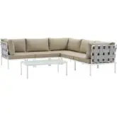 Harmony 6 Piece Outdoor Sectional Sofa Set in White w/ Beige Fabric