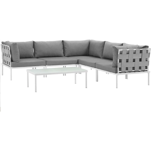 Harmony 6 Piece Outdoor Sectional Sofa Set in White w/ Gray Fabric