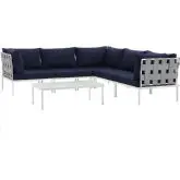 Harmony 6 Piece Outdoor Sectional Sofa Set in White w/ Navy Blue Fabric