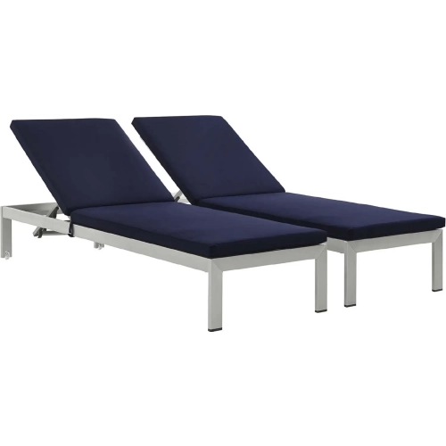 Shore Outdoor Patio Aluminum Chaise w/ Navy Cushions (Set of 2)