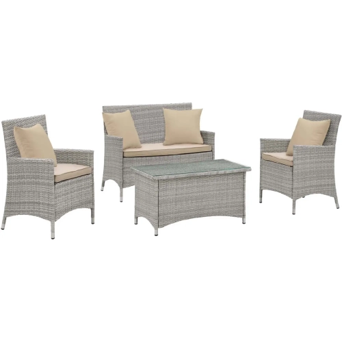 Bridge 4 Piece Outdoor Sofa Set in Grey Poly Rattan & Beige Fabric