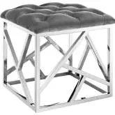 Intersperse Ottoman in Tufted Gray Velvet on Silver Stainless Steel