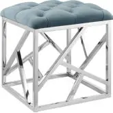 Intersperse Ottoman in Tufted Sea Blue Velvet & Polished Stainless