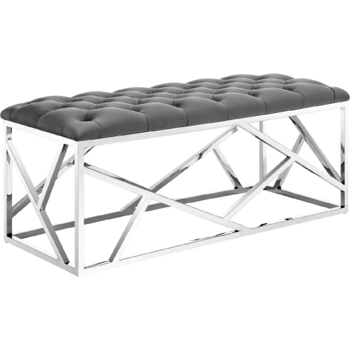 Intersperse Bench in Tufted Gray Velvet on Silver Stainless Steel