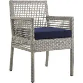 Aura Outdoor Gray Wicker Rattan Dining Armchair w/ Navy Fabric