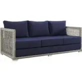 Aura Outdoor Gray Wicker Rattan Sofa w/ Navy Fabric