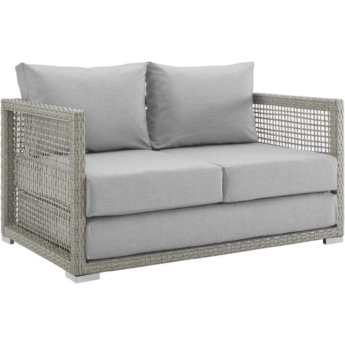 Aura Outdoor Gray Wicker Rattan Loveseat with Gray Fabric