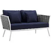 Stance Outdoor Loveseat in White Metal & Navy Blue Fabric