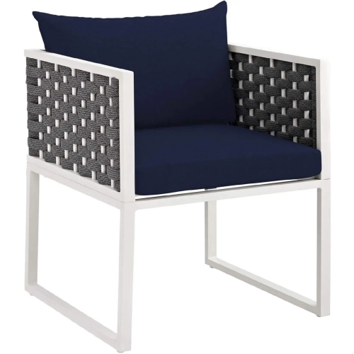 Stance Outdoor Dining Arm Chair in White Metal & Navy Blue Fabric