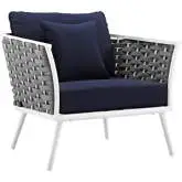 Stance Outdoor Dining Arm Chair in White Metal & Navy Blue Fabric